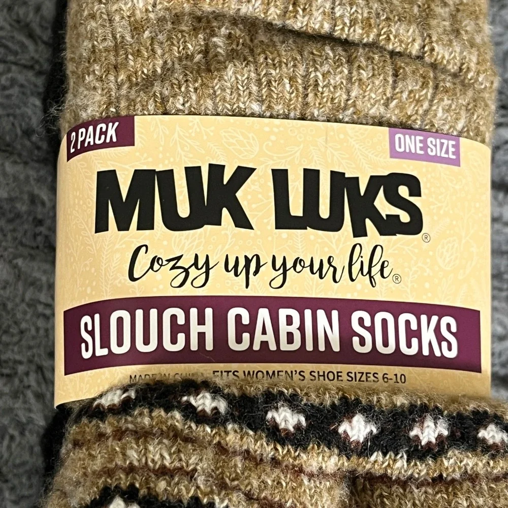 Muk Luks 2 Pack Slouch Cabin Socks Brown Fairisle Black Faux Fur Lined OS 6-10‎